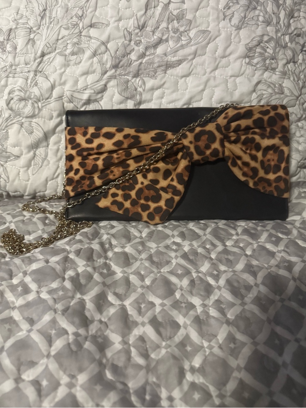 INC International Concepts Black Clutch with Leopard Bow and Gold Chain